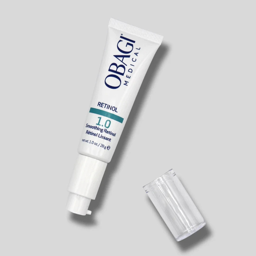 Obagi Medical Retinol 1.0 tube on a gray background